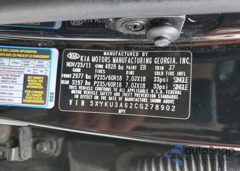 2012 Kia Sorento Ex z USA, uszkodzony, nr VIN 5XYKU3A62CG278902